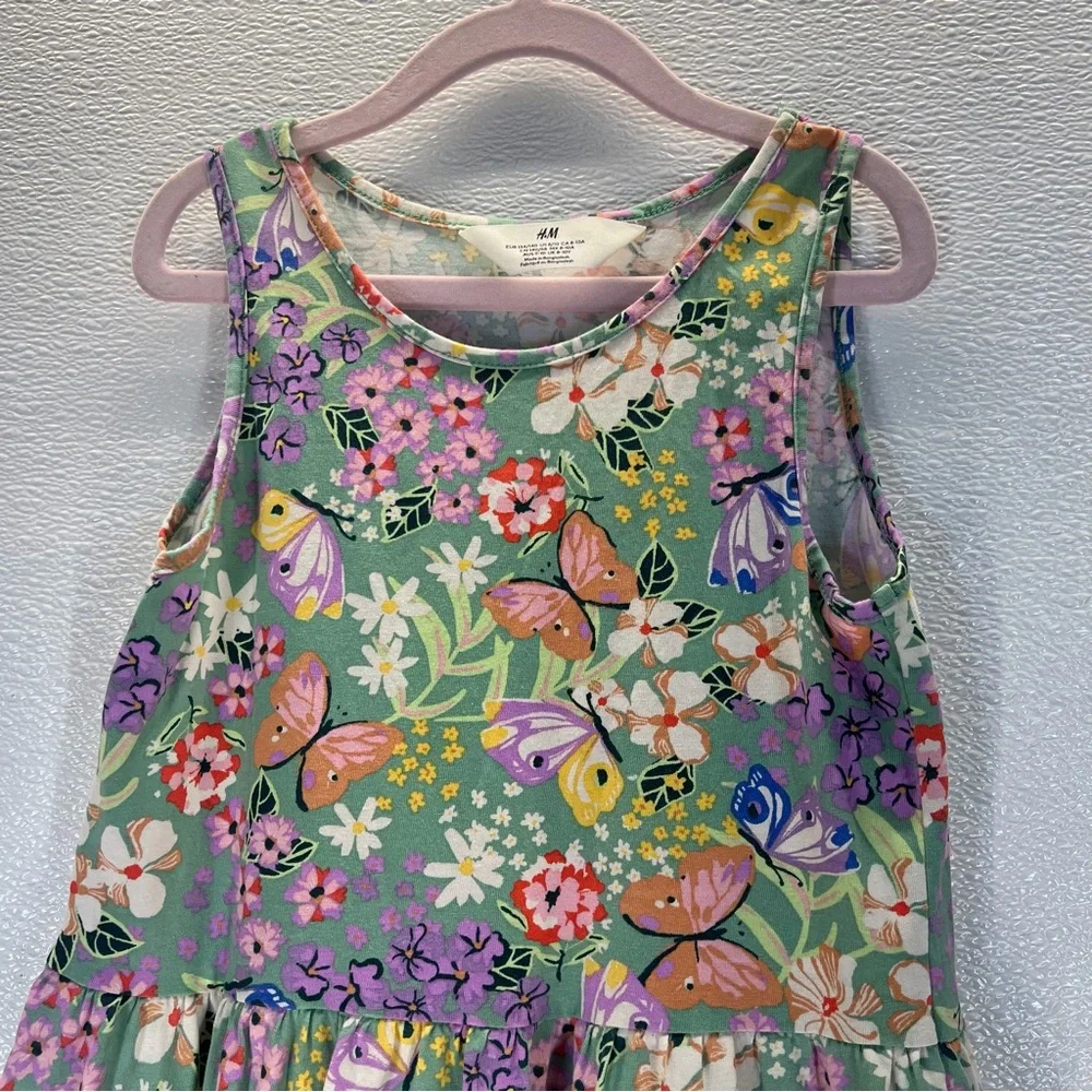 H&M Girls Floral Butterfly Print Dress Size 8-10Y Green‎ Spring Summer Cotton